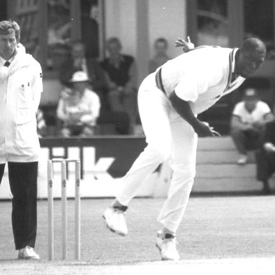 Joel Garner in action for Barbados (©Clarence Hiles)