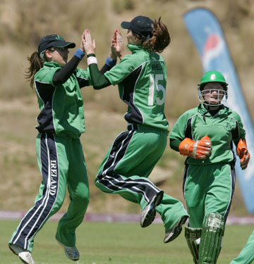 The Irish players celebrate the fall of a Scottish wicket (Photo: ICC) The Irish players celebrate the fall of a Scottish wicket (Photo: ICC)
