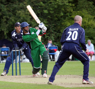 Kenyan batsman Aga hits out against Gregor Maiden of Scotland