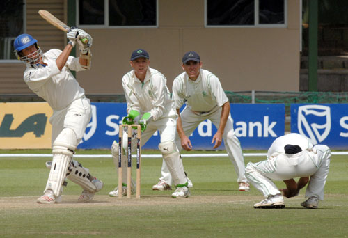 Namibia's Gerrie Snyman hits a huge six (©ICC)