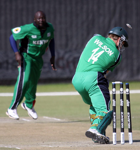 Ireland v Kenya: Gary Wilson is bowled by Thomas Odoyo