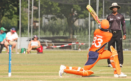 Peter Borren is bowled by Dockrell going for a big shot (©CricketEurope)