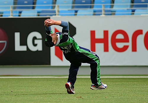 A fantastic catch by William Porterfield to dismiss Stephan Myburgh for 2 (©ICC/Ian Jacobs)