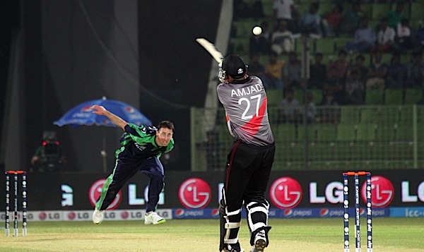Alex Cusack bowls a bouncer to Amjad (©CricketEurope)