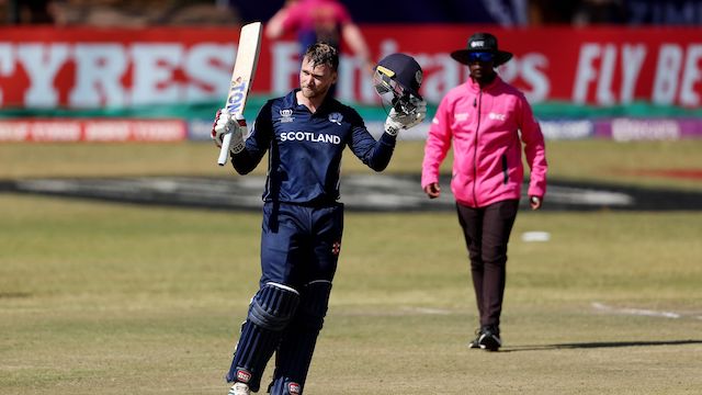 Richie Berrington celebrates his century against UAE