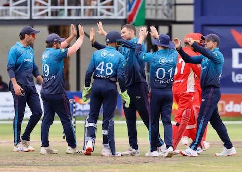 Namibia celebrate a wicket