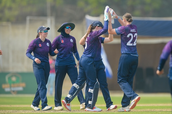 Scotland celebrate a wicket