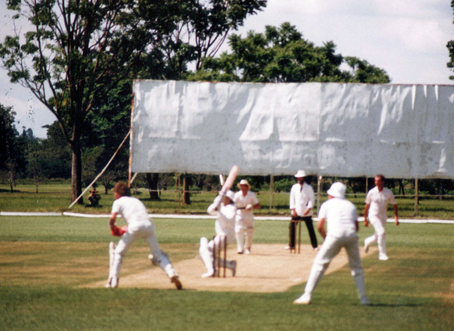 1986 Mashonaland Country Districts v Ireland: Mark Cohen swings the ball to deep square leg (©CricketEurope)