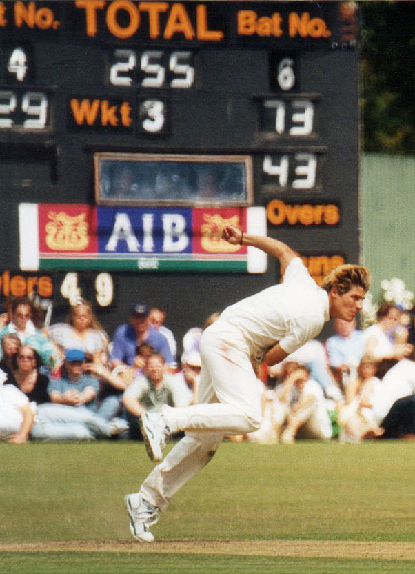 1995 Ireland v West Indies: Ryan Eagleson bowling for Ireland (©Clarence Hiles)