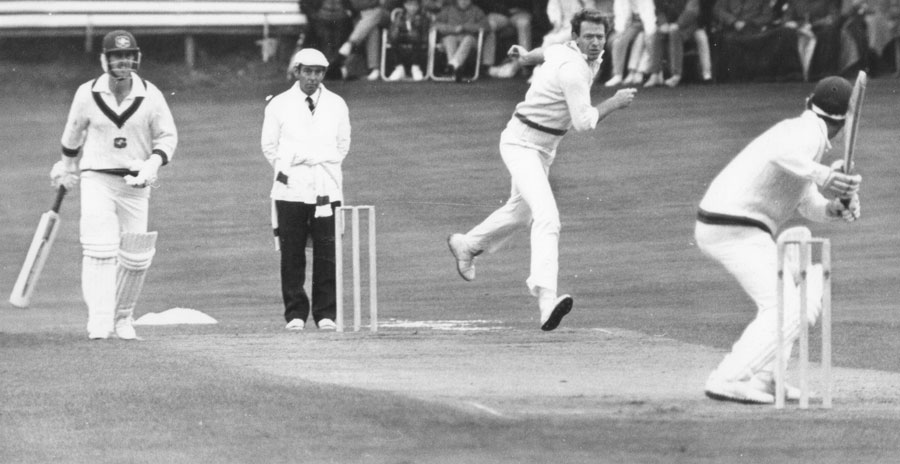 Bowling to Graeme Wood, Ireland v Australia, Downpatrick 1985 (©Clarence Hiles)