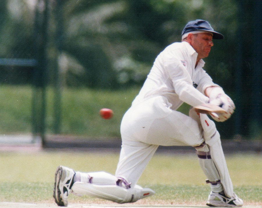 1997 ICC Trophy, Ireland v Scotland: Ireland left-hander Garfield Harrison sweeps (©CricketEurope)