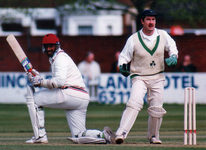 1994 Leicestershire v Ireland (B&H Cup): Phil Simmons sweeps watched by wicketkeeper Paul Jackson (©Andy Gatling)